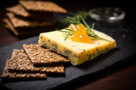 close-up shot of rye cracker with melted gouda cheese, created with generative aiの素材