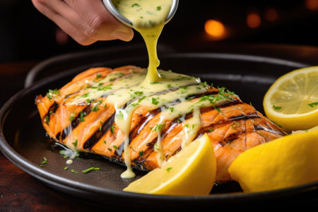 hand dipping a grilled salmon steak in lemon butter sauce, created with generative aiの素材