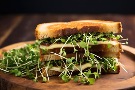 a well toasted sandwich filled with fresh microgreens, created with generative aiの素材