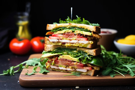layered club sandwich drizzled with tangy mustard sauce, created with generative aiの素材