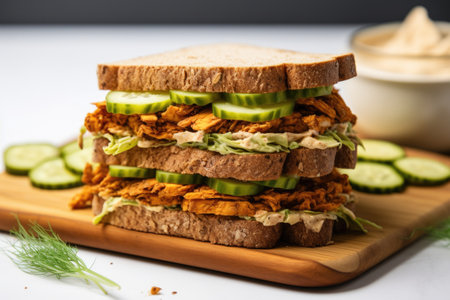 vegan sandwich with tofu, lettuce, and pickles, created with generative aiの素材