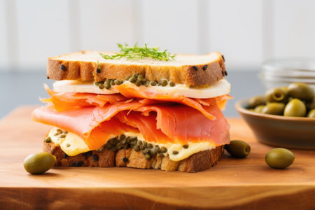 sandwich with spicy mayo, lox, and capers on crusty bread, created with generative aiの素材