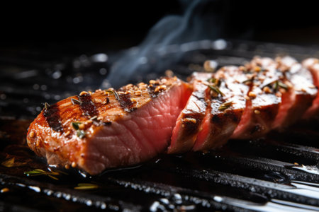a closeup showing texture of seared tuna steak, created with generative aiの素材