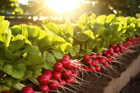 sunlight shines on bunches of reddest radishes, created with generative aiの素材
