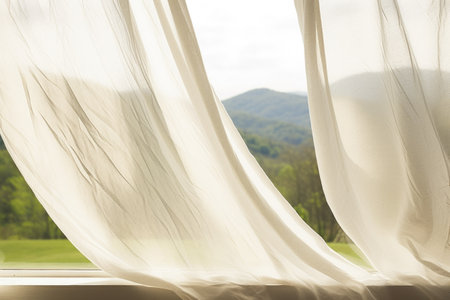 thin summer curtains floating in a breeze, created with generative aiの素材