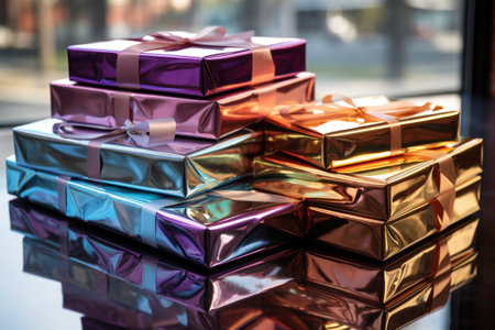 stack of gift boxes with metallic wrapping paper, created with generative aiの素材