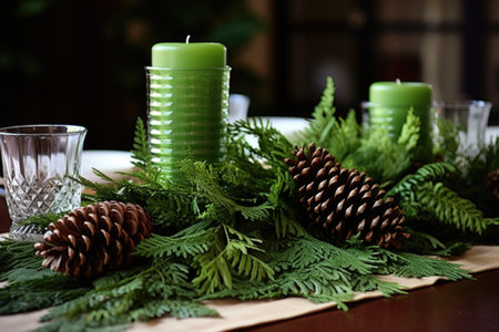 pine cones and green ferns centerpiece, created with generative aiの素材