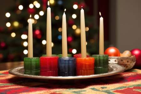 traditional kwanzaa kinara with unlit candles, created with generative aiの素材