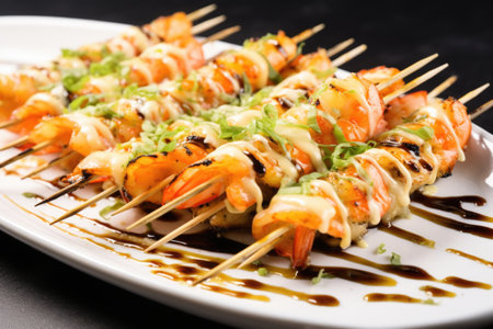 shrimp skewers on bamboo sticks with garlic butter sauce, created with generative aiの素材