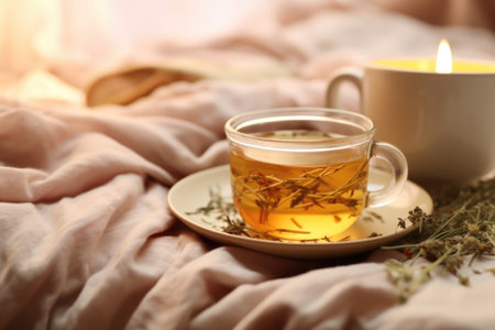 closeup of herbal tea cup next to a bed, created with generative aiの素材