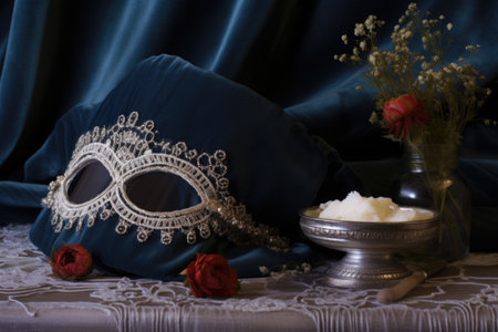 velvet sleeping mask on a lace pillow, with a cup of chamomile tea nearby, created with generative aiの素材
