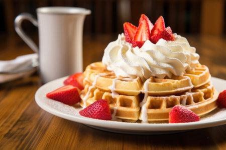 belgian waffle with whipped cream and strawberries, created with generative aiの素材