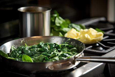 a pan of scrambled eggs with spinach on a kitchen stove, created with generative aiの素材