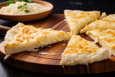 slices of cheese pizza on a wooden pizza peel, created with generative aiの素材