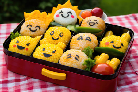 bento box featuring various emojis made from rice, created with generative aiの素材