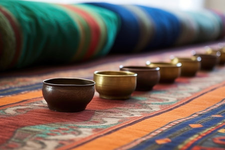 a row of tibetan singing bowls on a textile mat, created with generative aiの素材