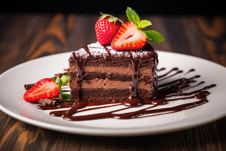 a chocolate cake topped with strawberries on a white plate, created with generative aiの素材