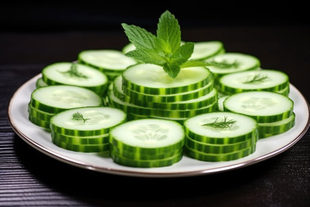 chilled cucumber slices arranged on a plate, created with generative aiの素材