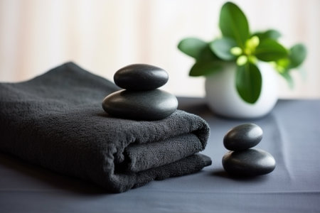 basalt stones on a white towel ready for massage, created with generative aiの素材