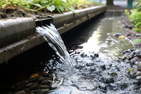 water flowing smoothly through a recently cleared gutter, created with generative aiの素材