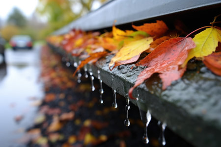 water droplets falling from a newly cleaned gutter, created with generative aiの素材