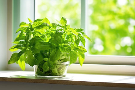 a bowl of fresh mint leaves by a windows daylight, created with generative aiの素材