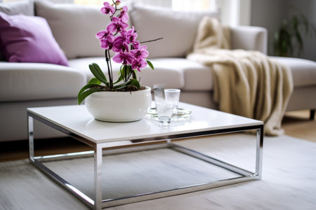 an orchid on a white coffee table, created with generative aiの素材