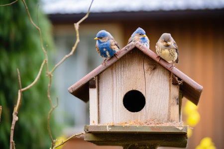 two birds perched on a shared birdhouse, created with generative aiの素材