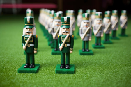 toy soldiers lined up on a green carpet, created with generative aiの素材