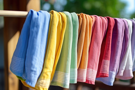 freshly washed kitchen towels on a clothesline, created with generative aiの素材
