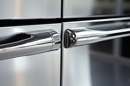 close-up of shiny, clean fridge handles, created with generative aiの素材