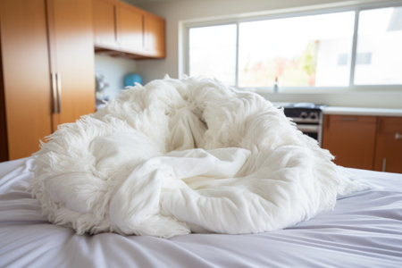 a fluffy comforter in a large laundry bag, created with generative aiの素材