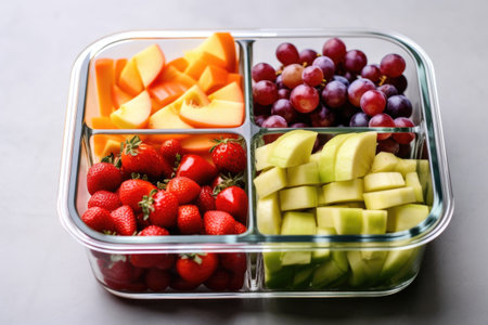 sliced fruits divided into portions inside a clear meal prep container, created with generative aiの素材