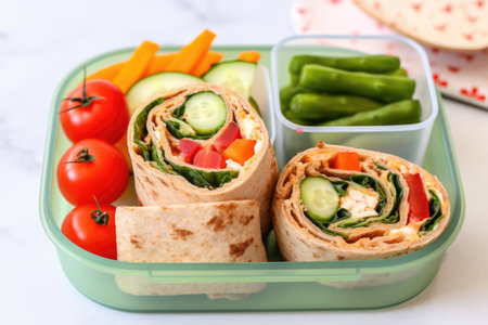 wholemeal wrap cut in halves placed inside kids lunchbox, created with generative aiの素材