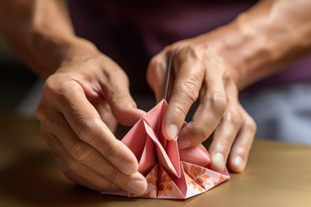 close-up of hand making intricate origami shape, created with generative aiの素材
