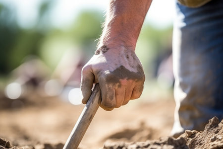 sweaty hand gripping a pickaxe, breaking ground, created with generative aiの素材