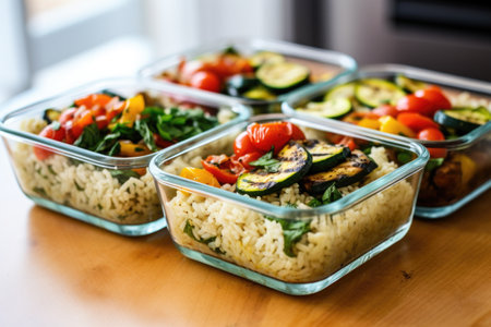view of meal prep containers filled with rice and grilled vegetables, created with generative aiの素材