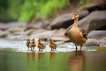 duck leading ducklings across stream, created with generative aiの素材