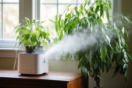 humidifier blowing steam next to leafy houseplant, created with generative aiの素材