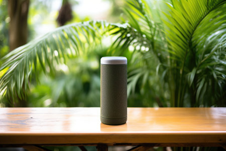 portable speaker in an out-of-office setting, with a focus on the greenery behind, created with generative aiの素材