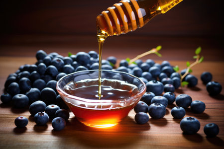 organic honey poured over fresh blueberries, created with generative aiの素材