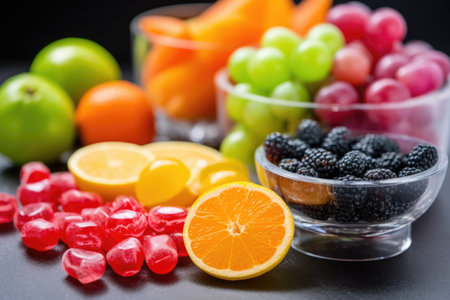 assortment of candy next to fresh fruits, created with generative aiの素材