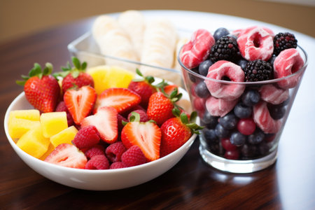 bowl of fruit next to box of donuts, created with generative aiの素材