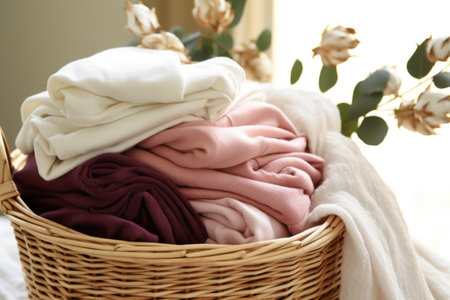 organic cotton textiles folded in a wicker basket, created with generative aiの素材
