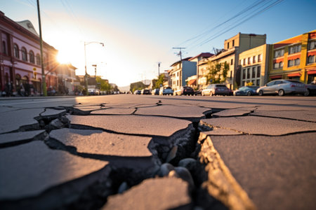 earthquake cracked roads in a cityscape, created with generative aiの素材