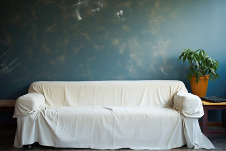 a drop cloth covering furniture near a painted wall, created with generative aiの素材