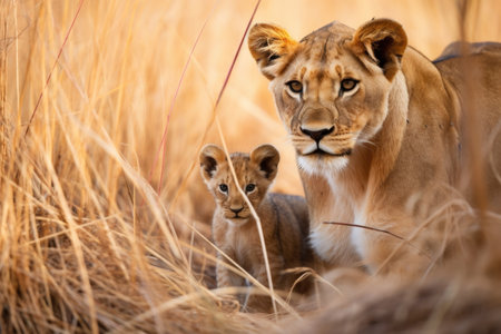 lioness protecting cubs in the savanna, created with generative aiの素材