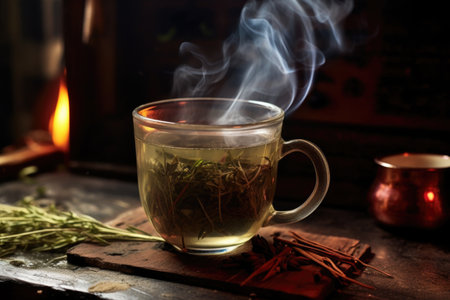 a steaming cup of herbal tea near a burning candle, created with generative aiの素材