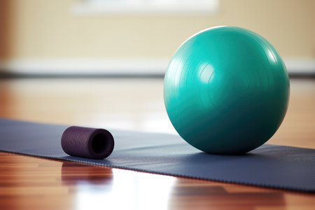 a yoga mat with an exercise ball and water bottle, created with generative aiの素材