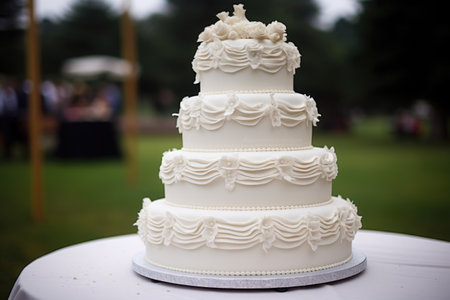 a tiered wedding cake with white icing and decorations, created with generative aiの素材